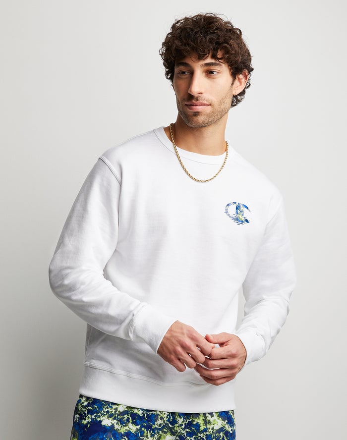 Champion Powerblend Fleece Crew Chasing Waves Erkek Sweatshirt Beyaz ( DWVOYH381 )